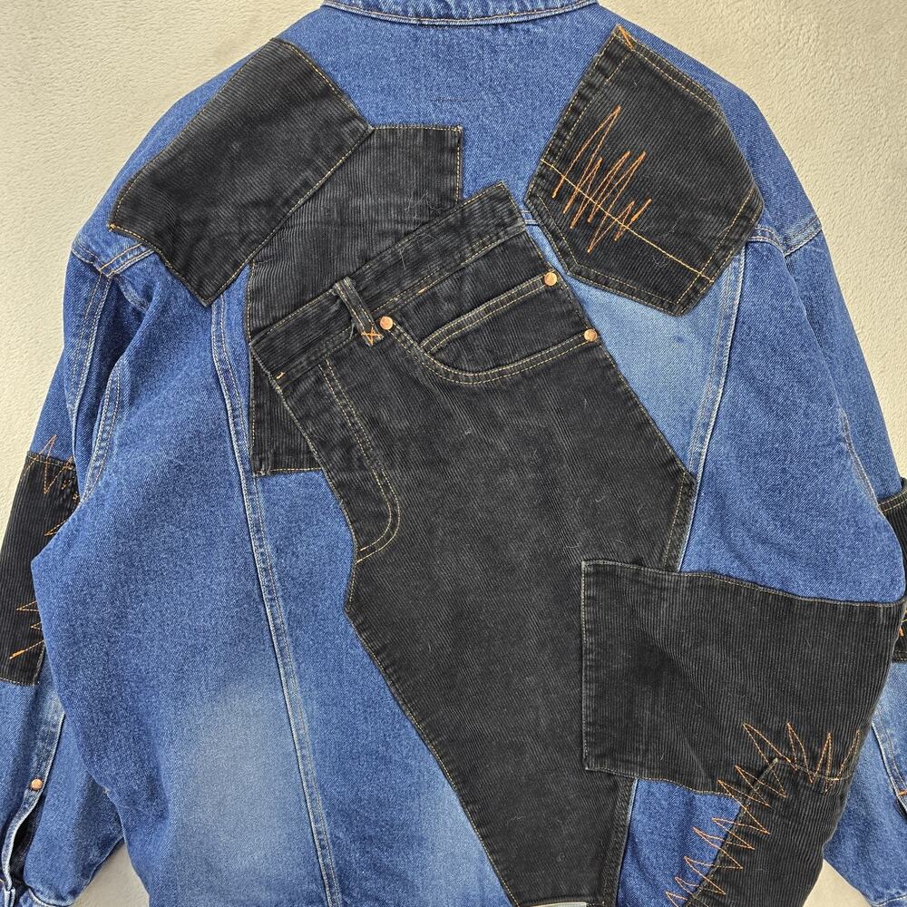 VTG Boom X Jean Jacket Mens XL Blue Denim Corduroy Patchwork Trucker Y2K FLAWS - Picture 12 of 15